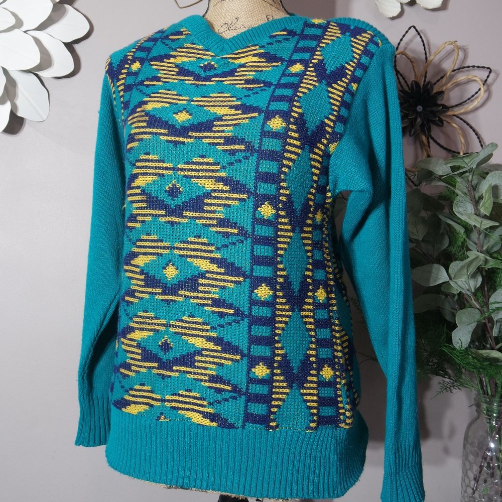 Vintage AILEEN 80s 90s Y2K Aztec Heavy Knit V-Neck Pullover Sweater Made in USA